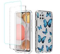Jhxtech for Galaxy A42 5G Case, Galaxy M42 5G SM-A426B Case with Tempered-Glass Screen Protector, Cute Clear Floral Pattern Full Body Protective Cover Cases for Samsung Galaxy A42 5G (Blue butterfly)