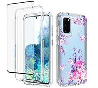 Jhxtech for Galaxy S20 5G Case, Samsung S20 SM-G981B Case with Tempered-Glass Screen Protector, Cute Clear Floral Pattern Full Body Protective Cover Cases for Samsung Galaxy S20 5G (Rose Flower)
