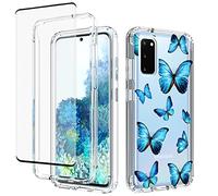 Jhxtech for Galaxy S20 5G Case, Samsung S20 SM-G981B Case with Tempered-Glass Screen Protector, Cute Clear Floral Pattern Full Body Protective Cover Cases for Samsung Galaxy S20 5G (Blue butterfly)