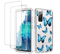 Jhxtech for Galaxy S20 FE 5G Case, Samsung S20 FE G781B Case with Tempered-Glass Screen Protector, Cute Clear Floral Pattern Full Body Protective Cover Cases for Samsung Galaxy S20 FE (Blue butterfly)