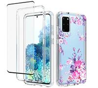 Jhxtech for Galaxy S20 Plus 5G Case, Samsung S20+ SM-G986F Case with Tempered-Glass Screen Protector, Clear Floral Pattern Full Body Protective Cover Cases for Samsung Galaxy S20 Plus (Rose Flower)