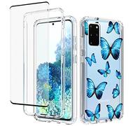 Jhxtech for Galaxy S20 Plus 5G Case, Samsung S20+ SM-G986F Case with Tempered-Glass Screen Protector, Clear Floral Pattern Full Body Protective Cover Cases for Samsung Galaxy S20 Plus (Blue butterfly)