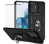 Jhxtech for Galaxy S20 Plus Case, Samsung S20+ SM-G985 Case with Tempered Glass Screen Protector and Slide Camera Cover, Magnetic Ring Car Mount Holder Kickstand Cover for Samsung Galaxy S20+ 5G Black