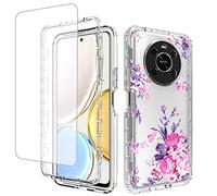 Jhxtech for Honor X9 (4G/5G)/Honor X30/Honor Magic4 Lite ANY-NX1 Case with Tempered-Glass Screen Protector, Cute Clear Floral Pattern Full Body Protective Cover Cases for Huawei Honor X9 (Rose Flower)