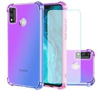 Jhxtech for Huawei Honor 9X Lite 6.5" Case with Tempered Glass Screen Protector, Clear Gradient Slim Anti Scratch TPU Cover Protective Case (Purple/Blue)