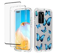 Jhxtech for Huawei P40 Pro Case, ELS-N04 ELS-NX9 Case with Tempered-Glass Screen Protector, Cute Clear Floral Pattern Full Body Protective Cover Cases for Huawei P40 Pro (Blue butterfly)