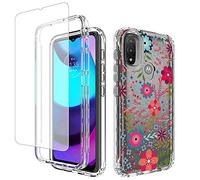 Jhxtech for Moto E20/Moto E30/Moto E40 Case, XT2155 XT2158 Case with Tempered-Glass Screen Protector, Cute Clear Floral Pattern Full Body Protective Cover Cases for Motorola Moto E20 (Floral Prints)
