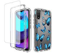 Jhxtech for Moto E20/Moto E30/Moto E40 Case, XT2155 XT2158 Case with Tempered-Glass Screen Protector, Cute Clear Floral Pattern Full Body Protective Cover Cases for Motorola Moto E20 (Blue butterfly)