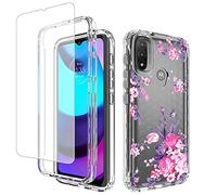 Jhxtech for Moto E20/Moto E30/Moto E40 Case, XT2155 XT2158 Case with Tempered-Glass Screen Protector, Cute Clear Floral Pattern Full Body Protective Cover Cases for Motorola Moto E20 (Rose Flower)