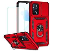 Jhxtech for Oppo A16/A16S/Oppo A54S/A54/Oppo A55 Case with Tempered Glass Screen Protector and Slide Camera Cover, Magnetic Ring Car Mount Holder Kickstand Protective Cases Cover for Oppo A16 4G Red