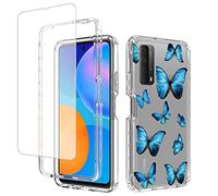 Jhxtech for P Smart 2021/Huawei Y7A/Enjoy 20 SE Case, PPA-LX2 Case with Tempered-Glass Screen Protector, Clear Floral Pattern Full Body Protective Cover Cases for Huawei P Smart 2021 (Blue butterfly)