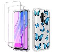 Jhxtech for Xiaomi Redmi 9/Redmi 9 Prime/Poco M2 M2004J19PI Case with Tempered-Glass Screen Protector, Cute Clear Floral Pattern Full Body Protective Cover Cases for Xiaomi Redmi 9 (Blue butterfly)
