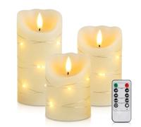 JHY DESIGN 3 Flameless Candles with Fairy String Lights,Real Wax Battery LED Pillar Candles with Remote Control,2/4/6/8H Timer,Flickering Warm White Candles for Wedding,Dinner Table,Bedroom Decor