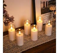 JHY DESIGN Battery Operated LED Flickering Candles - Realistic Flameless Candle Set of 6 with Clear Glass Holders - Warm White Ambience for Weddings, Dinner Parties & Home Decor