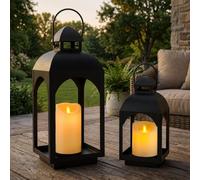 JHY DESIGN Black Metal Candle Lanterns Set of 2 with Realistic Moving Wick LED Candles, 45.5cm & 29cm Battery Operated Decorative Lanterns with 6 Hour Timer for Living Room, Hallway & Mantelpiece