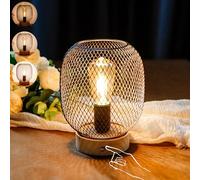JHY DESIGN Dimmable Touch Bedside Table Lamp Metal Cage Rechargeable Battery Powered Light with LED Bulb Cordless Accent Lantern for Weddings Patio for Indoors Outdoors (Round, Wooden Base)