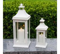 JHY DESIGN Set of 2 50cm & 33cm Tall Outdoor Candle Lanterns Vintage Hanging Tower Canldesticks Metal Holder for Garden Living Room Indoor Parties Weddings Balcony(White)