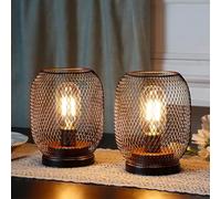 JHY DESIGN Set of 2 Bedside Lamps Battery Powered, Table Lantern 17cm High Vintage Cage Light for Living Room Bedroom Home Weddings Balcony Party Lounge Indoor Hallway Garden (Round Shape)
