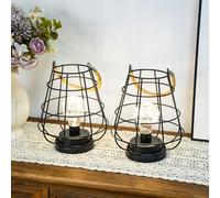 JHY DESIGN Set of 2 Cage Bulb Lantern Decorative Table Lamps 22cm Tall Battery Powered Cordless Lights with Warm White Fairy Lights LED Edison Bulb Lamp for Living Room Bedroom Home Wedding(Black)