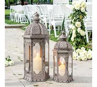 JHY DESIGN Set of 2 Candle Lanterns 50cm & 38cm Vintage Grey Metal Lanterns