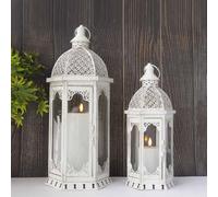 JHY DESIGN Set of 2 Candle Lanterns 50cm/38cm Vintage White Metal Lanterns