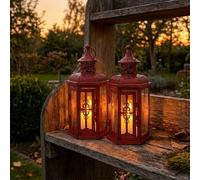 JHY DESIGN Set of 2 Decorative Candle Lanterns 25cm High Vintage Hanging Lanterns Metal Candleholders for Indoor Outdoor Events Parities Gothic and Halloween (Red with Black Brush)