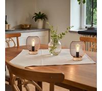 JHY DESIGN Set of 2 Dimmable Touch Bedside Table Lamps 20cm High Metal Cage Rechargeable Battery Powered Lamps with LED Bulb for Weddings Parties Patio Events for Indoors Outdoors (Round, Wooden Base)