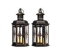JHY DESIGN Set of 2 Hanging Lanterns 25cm High Vintage Metal Candle Holder Decorative Candlestick for Indoor Outdoor Event Parties Weddings Garden Balcony(Black with Gold Brush)