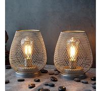 JHY DESIGN Set of 2 Metal Cage Bedside Lamps Battery Powered, Vintage Cordless Table Lamp LED Light for Living Room Bedroom Home Weddings Balcony Party Lounge Indoor Hallway Garden(Silver-Gold)