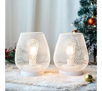 JHY DESIGN Set of 2 Metal Cage Table Lamp Battery Powered LED Lanterns Cordless Accent Light with Great for Weddings Parties Patio Events for Indoors Outdoors(White)