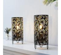 JHY DESIGN Set of 2 Metal Lamp Battery Powered 23.5cm High Accent Cordless Light with LED Bulb Huge Fan Patterned Lantern for Weddings Parties Patio Garden Indoors Outdoors Table Bed Room