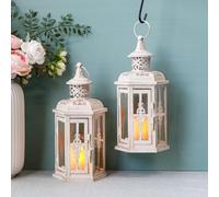 JHY DESIGN Set of 2 Rustic Decorative Lanterns 25cm High Vintage Hanging Candlesticks Metal Candle holder for Indoor Outdoor, Events, Parities, Patio and Wedding(White with Gold Brush)