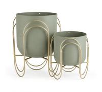 JHY DESIGN Set of 2 Small Metal Planters with Stands, 29cm & 20cm Green Indoor Plant Pots, Tabletop Flower Pots for Succulents, Herbs, Shelf, Windowsill, Desk, Kitchen and Living Room Decor