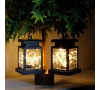 JHY DESIGN Set of 2 Solar Lantern Outdoor Waterproof Lights Hanging Table Lamp Pathway Floodlight with Warm LED Fairy String Lights for Patio Garden Landscape Yard Lawn Indoors (with Clamp)