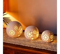 JHY DESIGN Set of 3 Ceramic Decorative Table Lamp 11cm H Battery Powered Lantern Floral Carved Cordless Lamp Great for Living Room Bedroom Weddings Parties Patio Events Gifts Outdoor(Round)