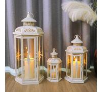 JHY DESIGN Set of 3 Decorative Candle Lanterns, 50 & 36 & 25cm High Vintage Hanging Candlesticks Metal Candleholder Garden for Indoor Outdoor Balcony Weddings Hallway (White with Gold Brush)