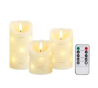 JHY DESIGN Set of 3 Flickering Flameless Candles Real Wax Electric with Embedded String Lights, Battery Operated Pillar LED Candles for Gift, Home & Easter Decorations, with Remote & Timer(Ivory)