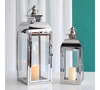 JHY DESIGN Stainless Steel Hanging Lanterns, 52cm&38cm High Set of 2 Pagoda Candlesticks Large Candle Holder for Indoor Party Wedding Living Room Graden Entryway Outdoor Balcony(Silver)