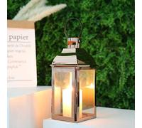 JHY DESIGN Stainless Steel Lanterns, 31.5cm High Candle Holders with Tempered Glass Outdoor Candlesticks for Garden Indoor Parties Weddings Vintage Hanging (Rose Gold)