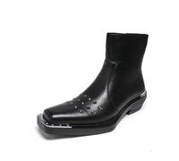 JHYUUKAU Men's Studded Western Square Toe Punk Rock Boots Black