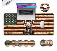 JHYYTUJTYP Ergonomic Mouse Pad Set with Wrist Support for Keyboard and Wrist Rest for Mouse, Memory Foam Comfort, Non-Slip Large Desk Mat for Home Office Pain Relief,Camo Deer American Flag Design