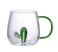 JHzood Cute 3D Figurine Glass Mugs with Colorful Handles, High Borosilicate Glass, 400ml, Heat Resistant -10°C to 130°C, Multiple 3D Styles, Suitable for Tea & Coffee (Cactus)