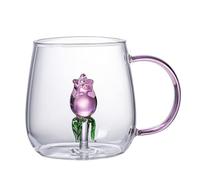 JHzood Cute 3D Figurine Glass Mugs with Colorful Handles, High Borosilicate Glass, 400ml, Heat Resistant -10°C to 130°C, Multiple 3D Styles, Suitable for Tea & Coffee (Pink Rose)