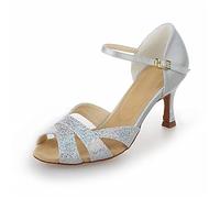 Jia Jia Y2054 Latin Women's Sandals 2.7'' Flared Heel Super Satin with Sequins Dance Shoes Silver, 2.5 UK / 35 EU