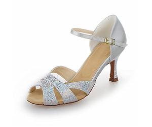 Jia Jia Y2054 Latin Women's Sandals 2.7'' Flared Heel Super Satin with Sequins Dance Shoes Silver, 4 UK / 37 EU