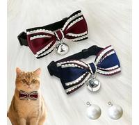 JiaaOne 2Pcs Cat Collar with Bow - Classic Style Double Layer Cat Bow Tie, Adjustable 20-32cm, Breakaway Safety Buckle with Removable Silver Bell & White Pearl for Cats, Kittens, Small Dogs