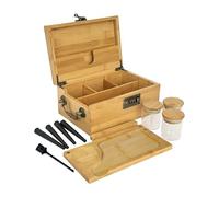 JIABOLANG Bamboo Box with Combination Lock & Accessories -3 Smell Proof Jars, 4 Tube, Rolling Tray,Brush - Accessories Family Organizer Set with Handle, Locking Stash Box