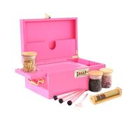 JIABOLANG Pink Bamboo Storage Box with Accessories, Modern Style, 10"L x 6.7"W x 4.5"H, Lockable, Removable Dividers, 3 Glass Jars, 3 Tubes, Bamboo Tray, Herb Roller, Handle & Combination Lock