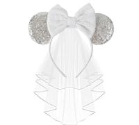 JIAHANG Mouse Ear Headband with Bridal Veil, Honeymoon Wedding Ears,Bachelorette Party Headpiece for Women Girls, Zz Sliver, Medium