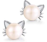 Jiahanzb Cat Pearl Stud Earrings Freshwater Cultured Pearl Stud Earrings 925 Sterling Silver jewellry for Women 8 mm White